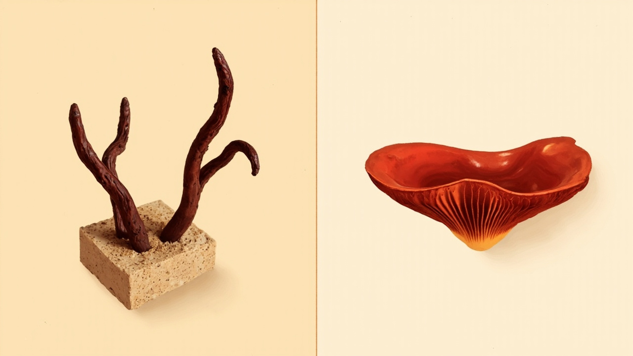 Split illustration comparing reishi antler stalks against conk form flat bracket with shiny red surface