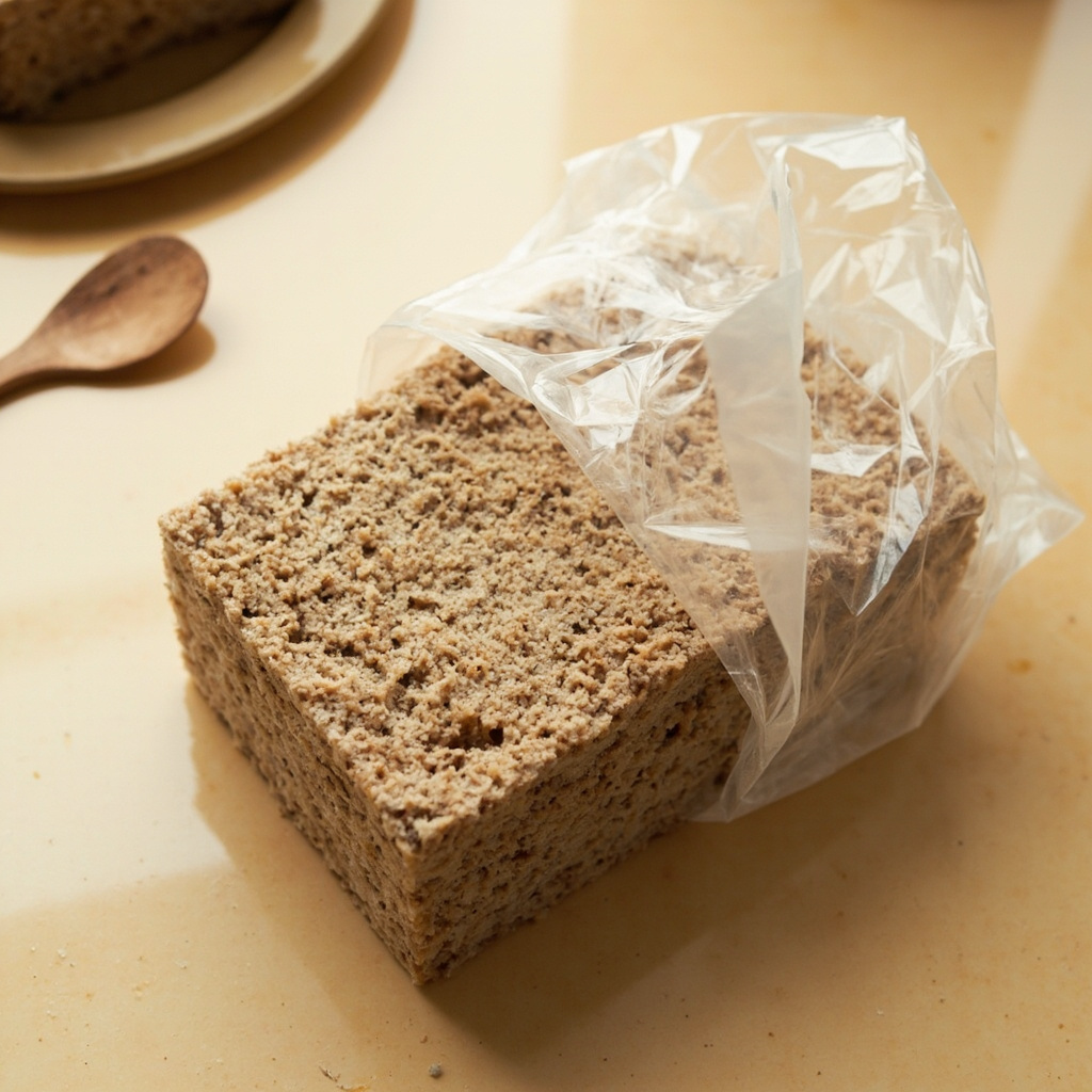 A reishi grow kit block on a kitchen counter with a clear humidity tent covering the top