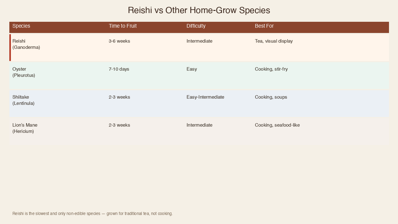 Comparison chart of reishi against oyster shiitake and lion's mane showing growth time difficulty and use case
