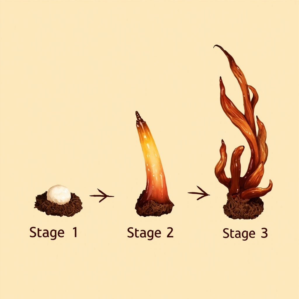Three stages of reishi antler formation from white bump to elongated finger to branched antler