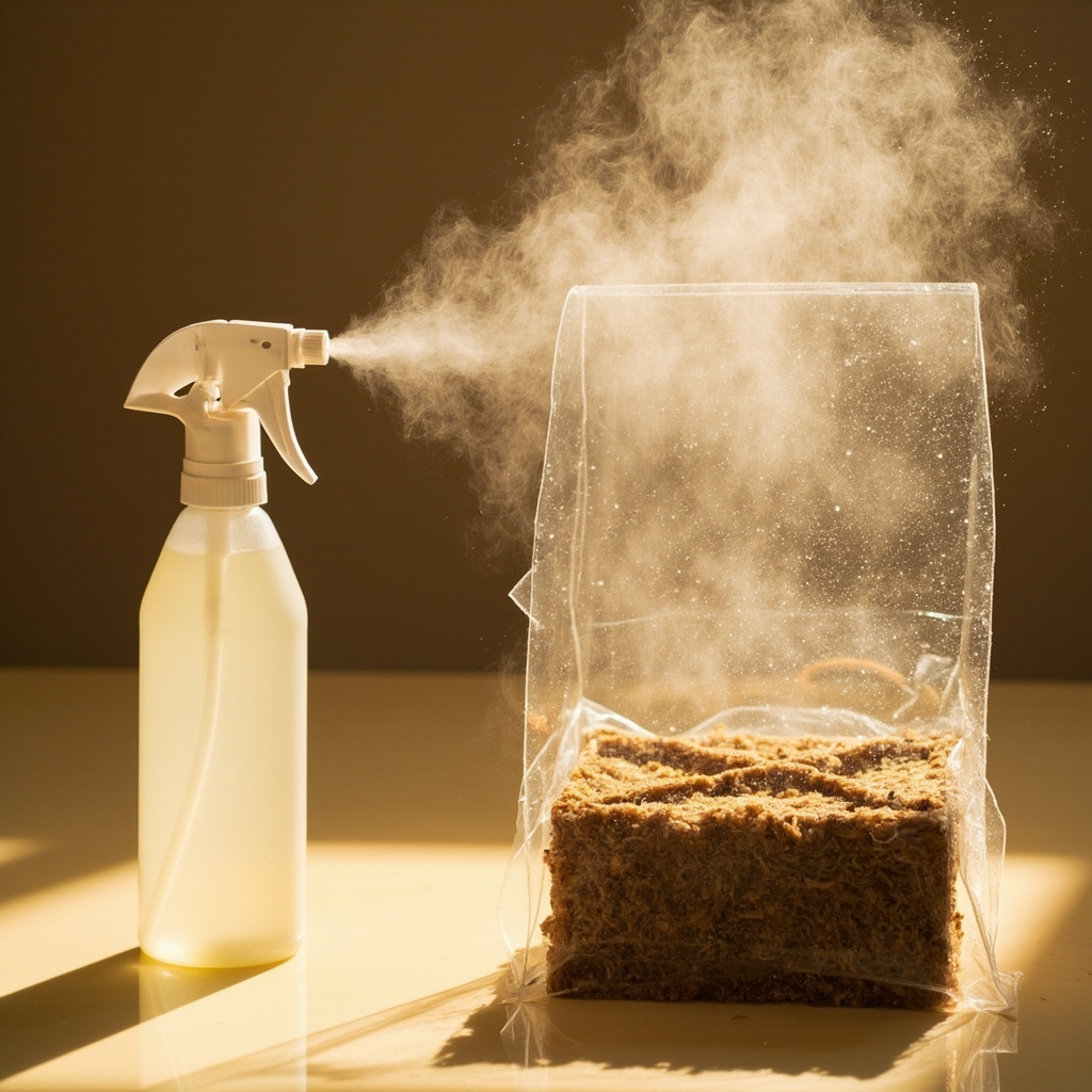 A fine-mist spray bottle applying gentle mist to the X-cut opening of a reishi mushroom grow block