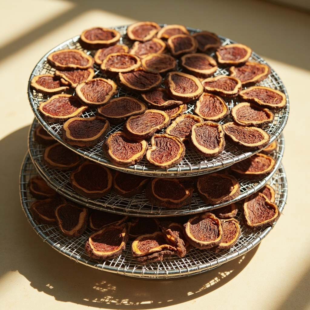 Thin reishi mushroom slices arranged on stainless steel dehydrator trays ready for drying