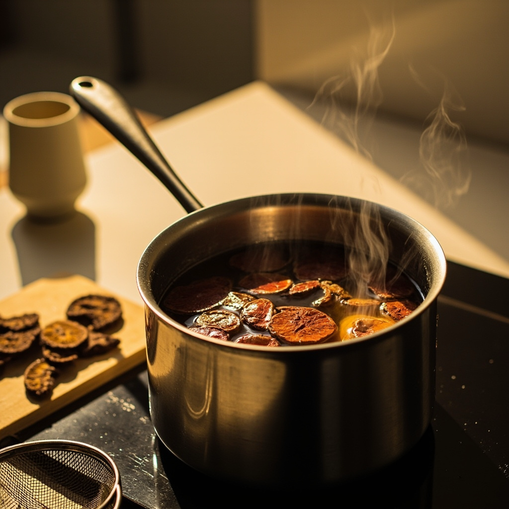 Traditional reishi tea preparation with dried slices simmering in a pot of water beside a strainer and cup