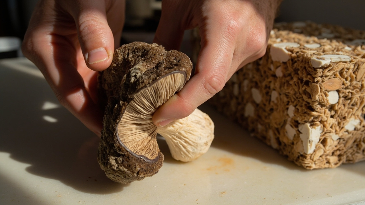 A hand twisting a mature shiitake cluster off a colonized block at the stem base