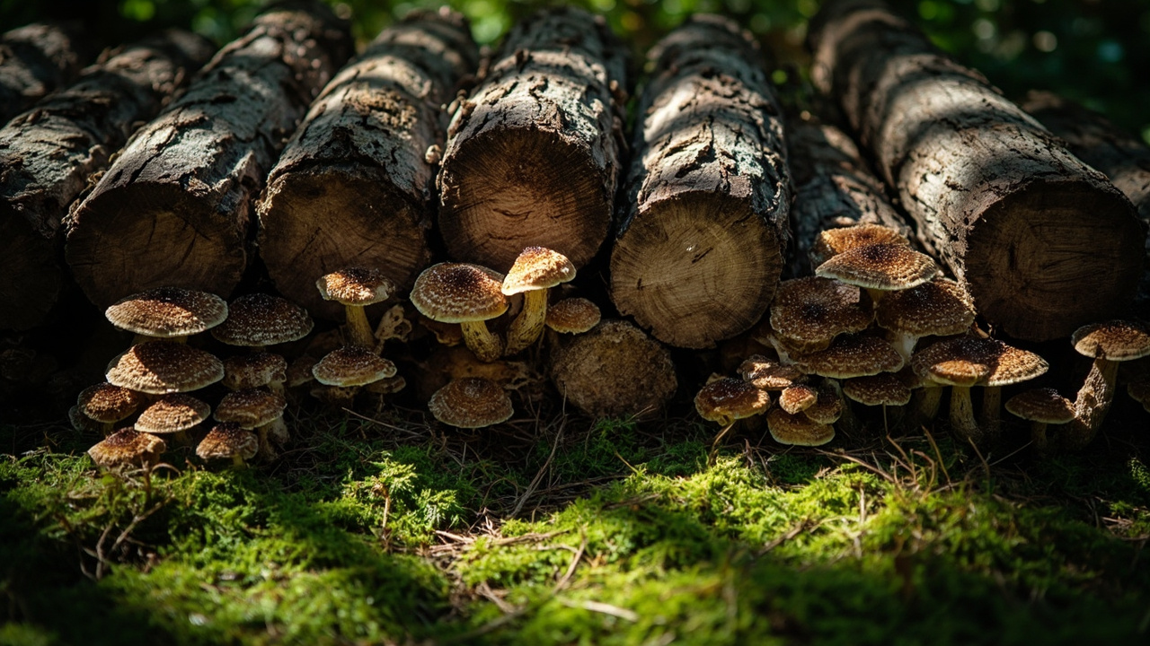 Stacked hardwood logs fruiting brown shiitake caps on mossy ground