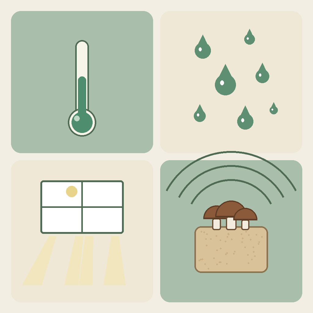 A four-icon conditions card showing a thermometer, water droplets, soft light, and airflow around a mushroom block