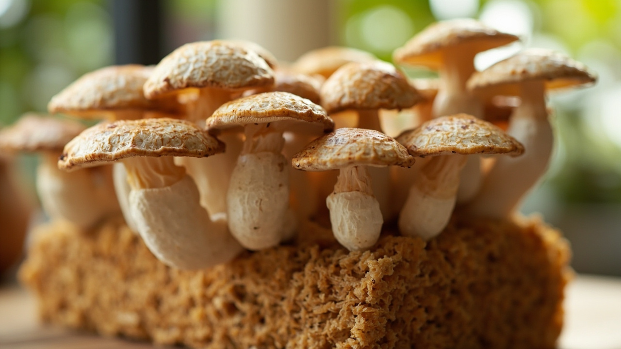 A cluster of dome-capped shiitake ready to twist off a fruiting block