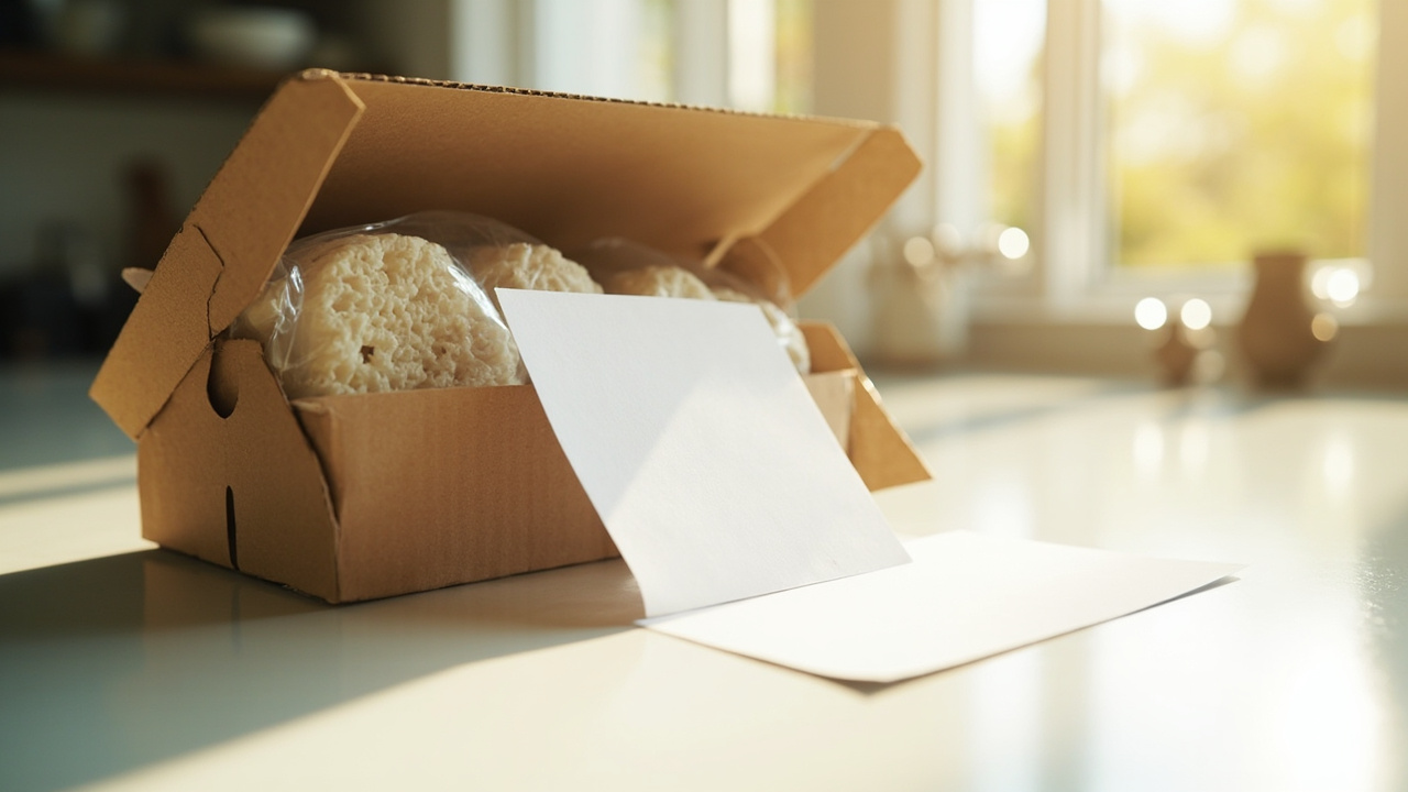 An opened shiitake grow kit box with a sealed white block and an instruction card on a kitchen counter