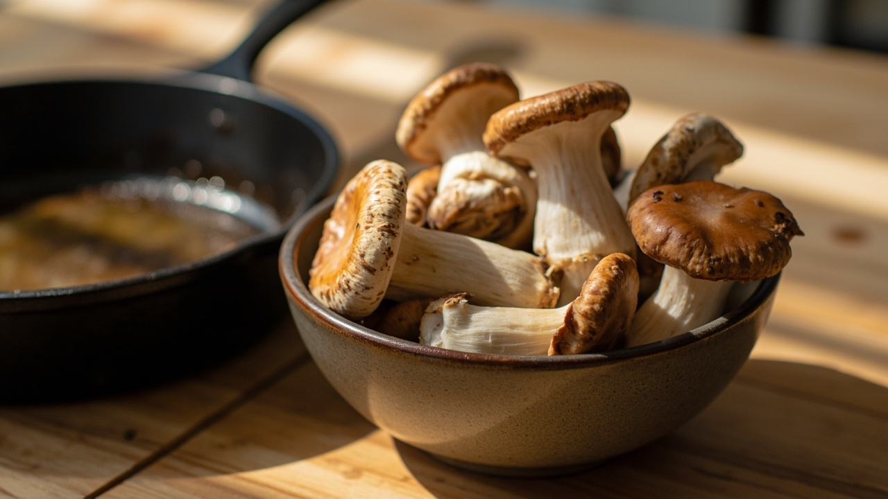 Freshly harvested shiitake caps in a bowl beside a pan on a kitchen counter