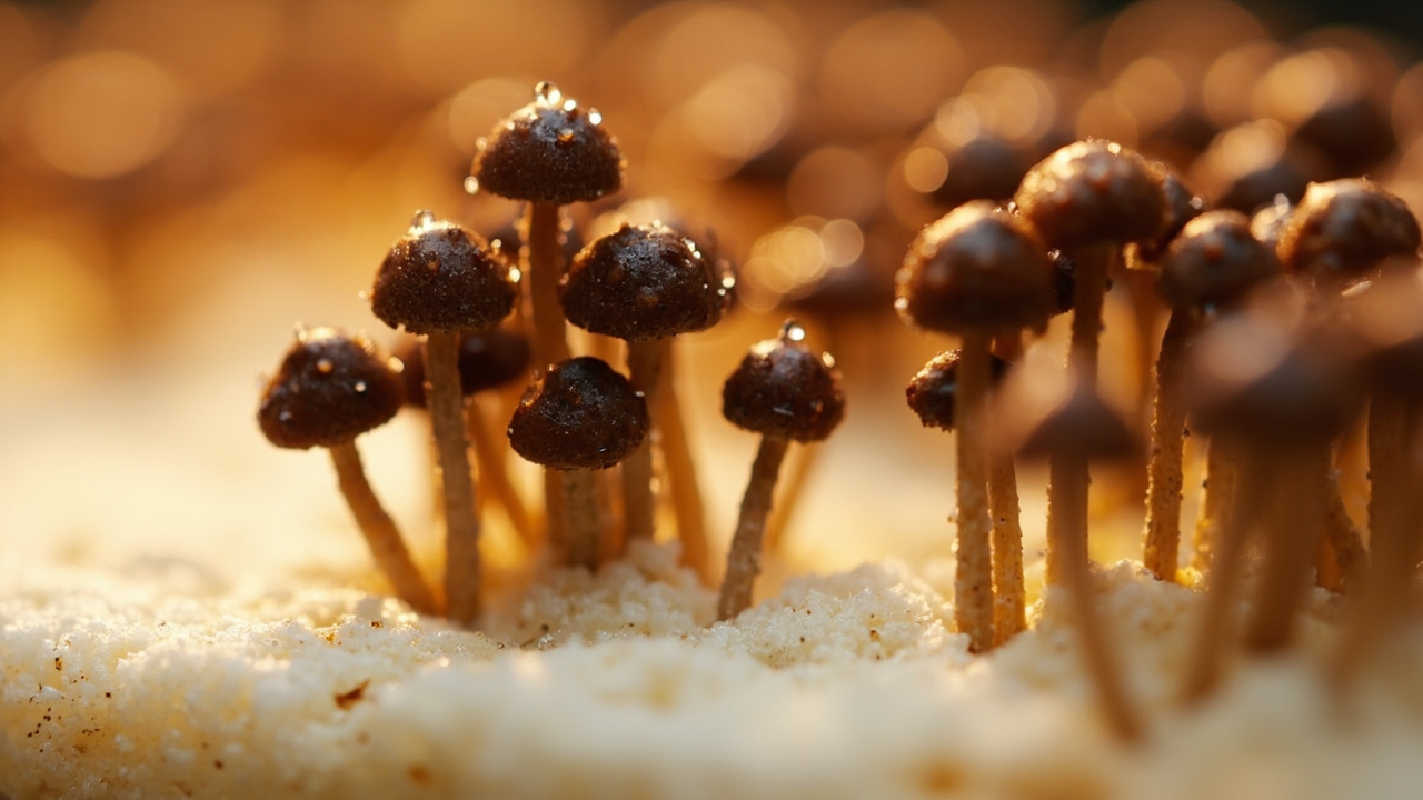 Clusters of small dark shiitake pins forming on the cut face of a substrate block