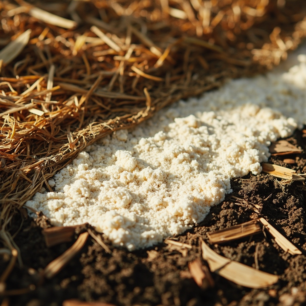 Wine cap sawdust spawn being layered into a hardwood chip bed on bare soil with cardboard weed barrier