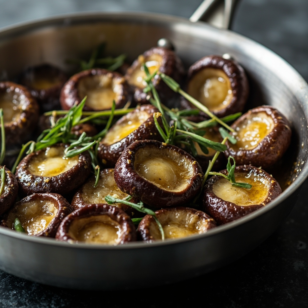 Sautéed wine cap mushroom caps in a stainless steel pan with butter and herbs