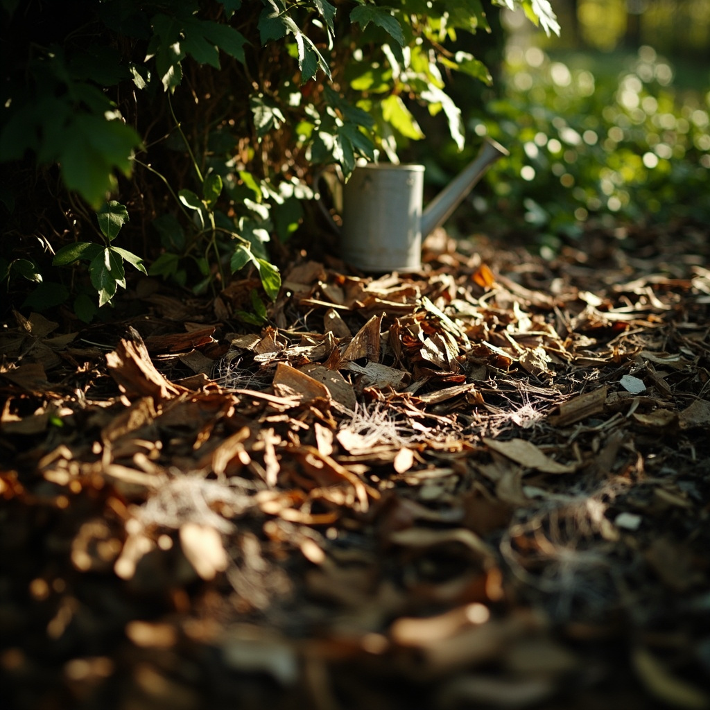 Backyard corner with wood chip bed under partial tree shade, watering can and visible white mycelium at chip edges