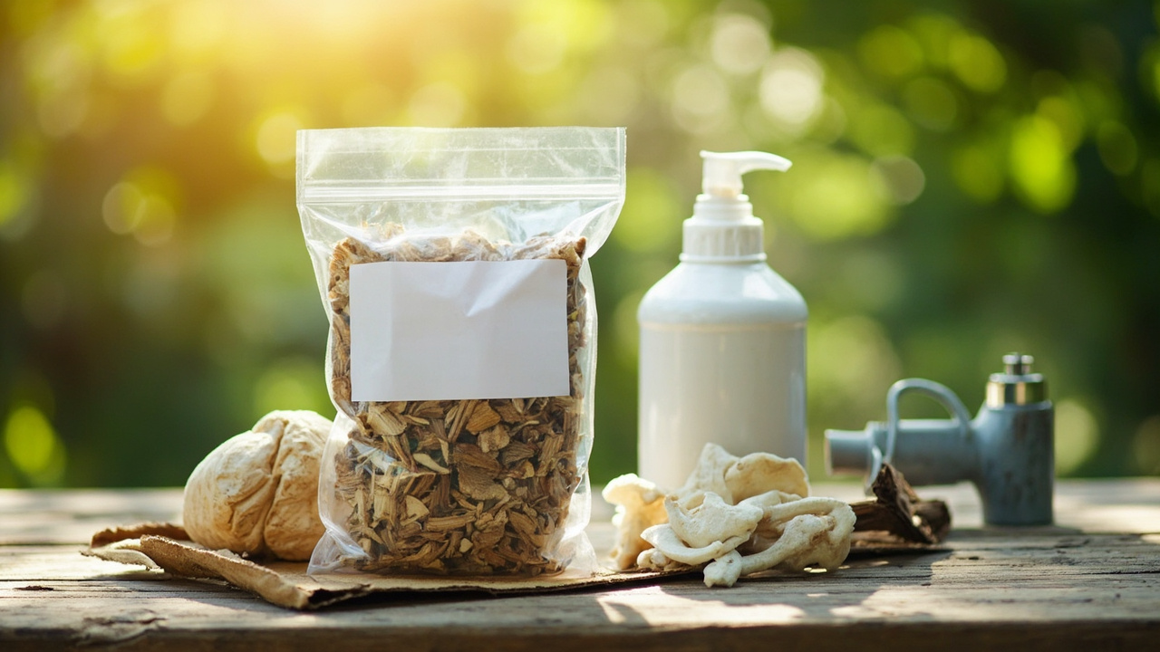 Wine cap grow supplies: hardwood chips, sawdust spawn bag, fine-mist spray bottle, cardboard, watering can on patio