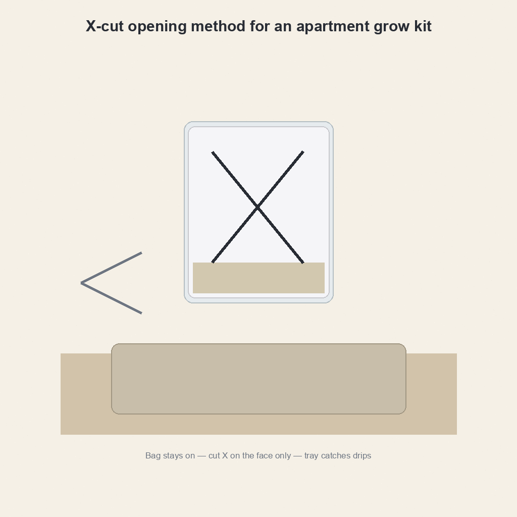 X-cut opening method for an apartment grow kit