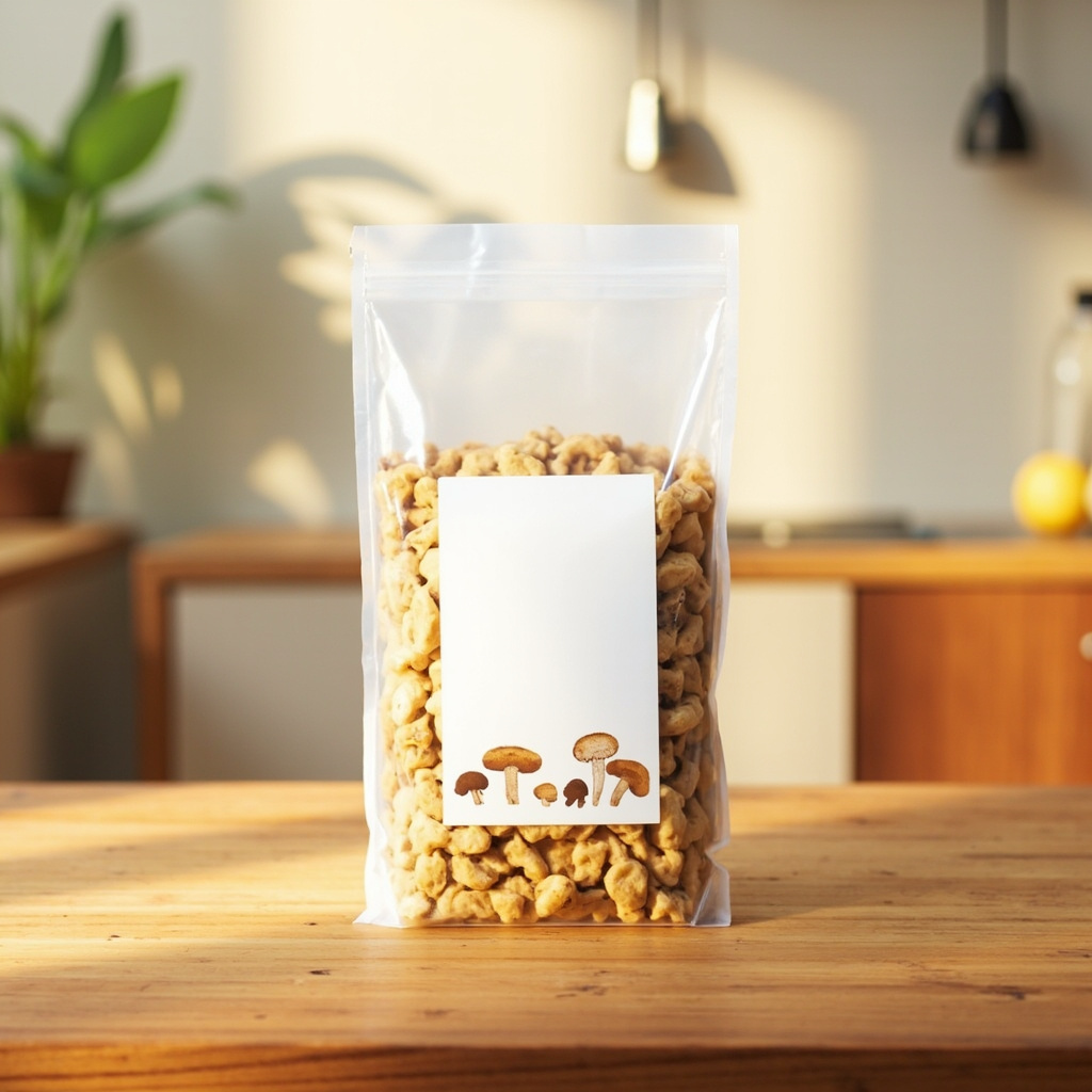 Oakland Mushroom Co. shiitake grow kit on a kitchen counter.