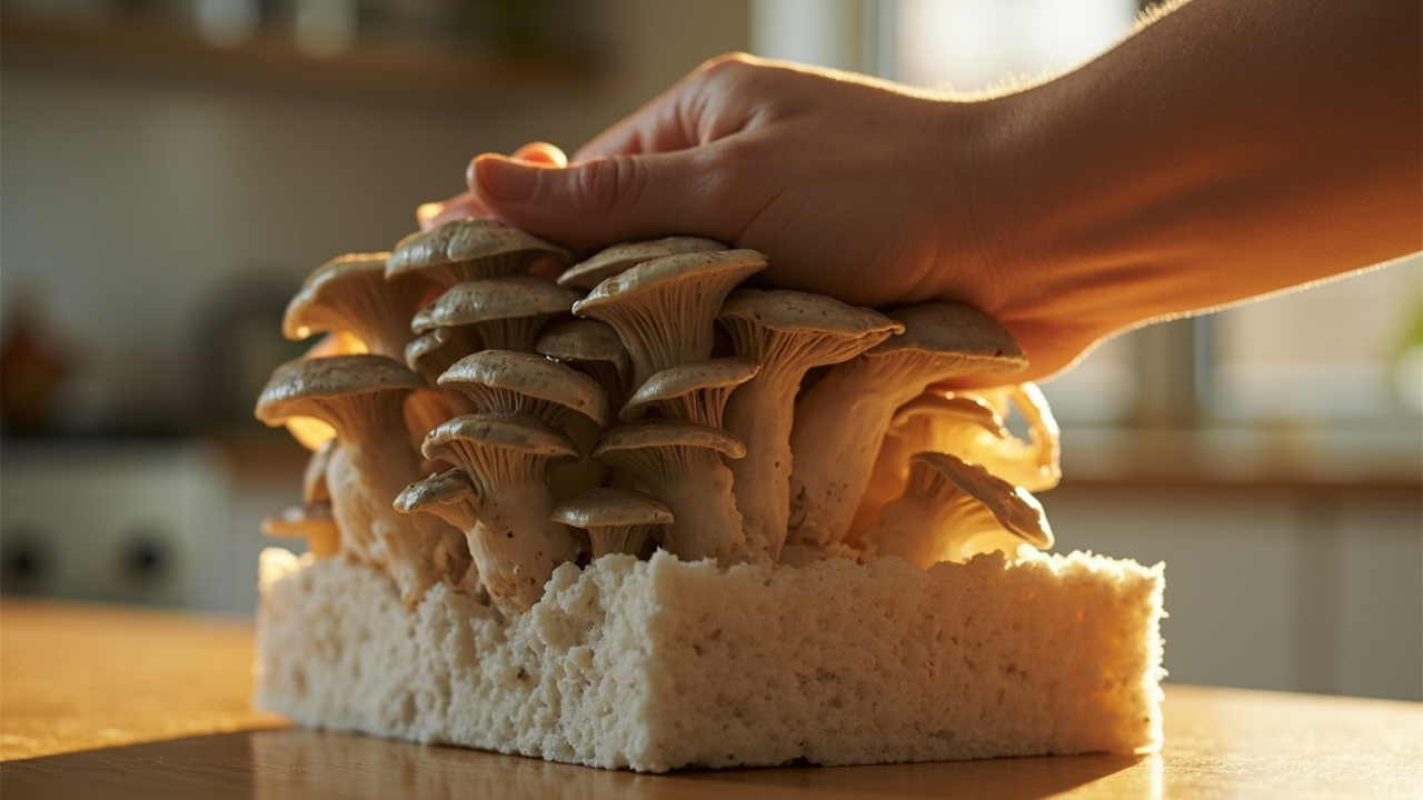 Harvesting grey oyster mushrooms by twisting clusters off the grow kit block
