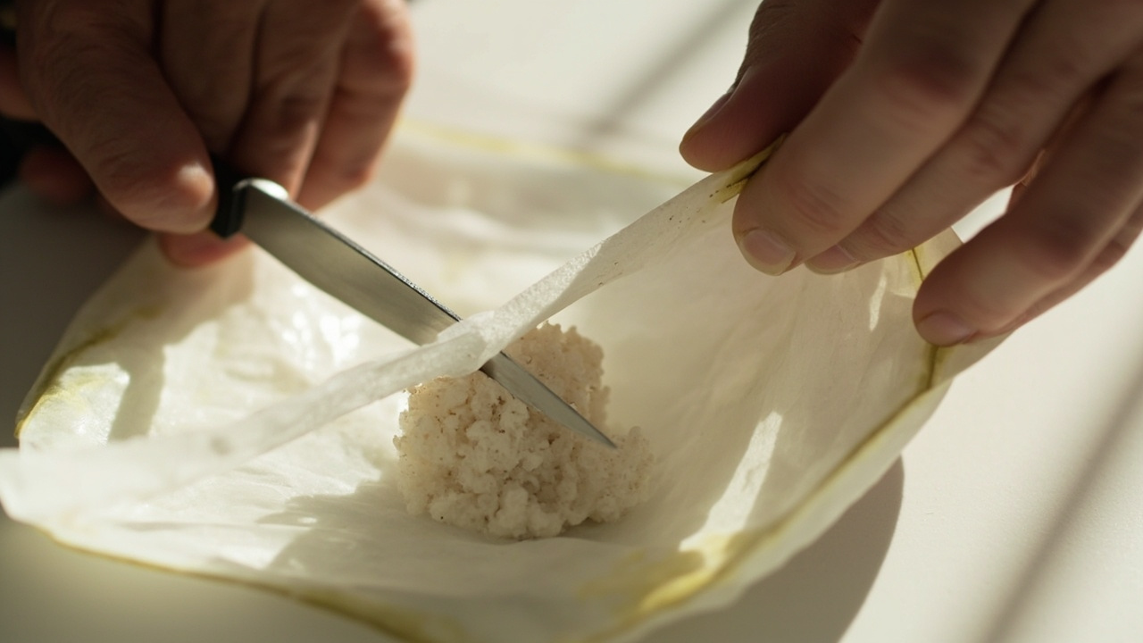 Making a small X cut on the plastic face of a mushroom grow kit bag with a clean knife